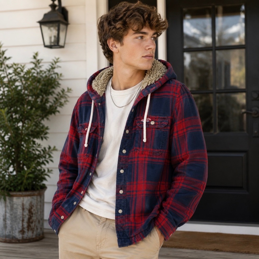 Hollister Y2K Plaid Button Sherpa Lined Hooded Shirt Jacket S Red Navy Shacket